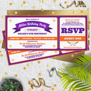 Invitación Cumpleaños Entrada Béisbol Estelar Morado y Naranj