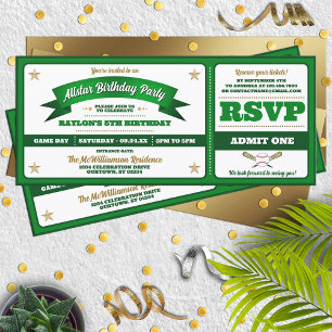 Invitación Cumpleaños Entrada Béisbol Estelar Verde y Blanco