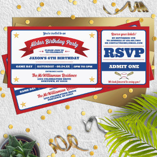 Invitación Cumpleaños Entrada Béisbol Estrella Roja y Azul