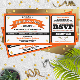 Invitación Cumpleaños Entrada Béisbol Estrellas Negra y Naran