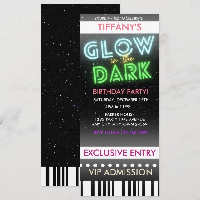 Invitación Cumpleaños Entrada | Brilla en la Oscur (Anverso / Reverso)