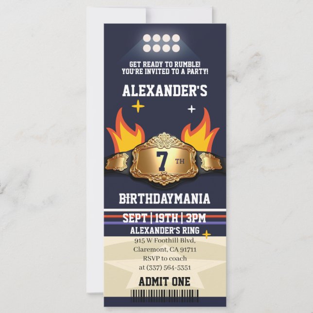 Invitación Cumpleaños Entrada Cinturón de Lucha Libre (Anverso)