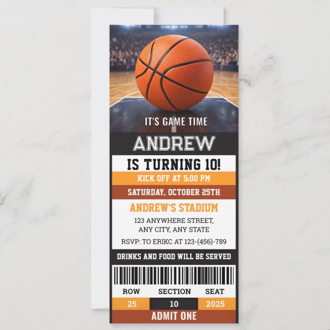 Invitación Cumpleaños Entrada de Baloncesto Personalizada  (Anverso)