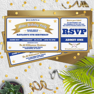Invitación Cumpleaños Entrada de Béisbol Allstar Azul y Dorad