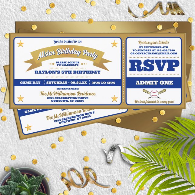 Invitación Cumpleaños Entrada de Béisbol Allstar Azul y Dorad (Subido por el creador)
