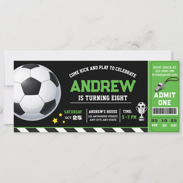 Invitación Cumpleaños Entrada Fútbol Moderno Verde Personal (Anverso)