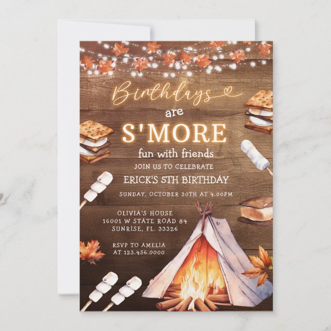 Invitación Cumpleaños es el Fiesta de otoño de S'mores Fun Ca (Anverso)