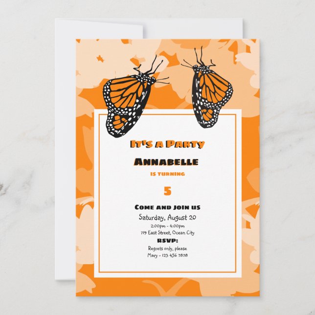 Invitación Cumpleaños es una mariposa monarca Naranja Fiesta (Anverso)