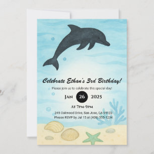 Invitación Cumpleaños Escena Océano Caracol Marino Delfín Osc