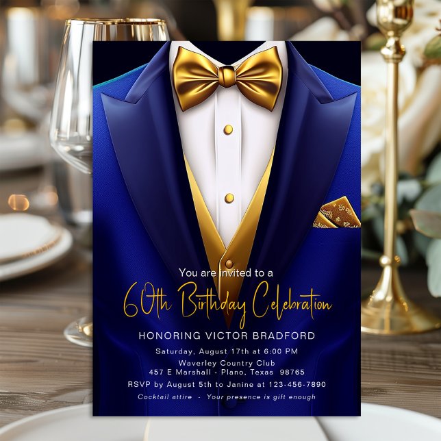 Invitación Cumpleaños Esmoquin Dorado Azul Real Cualquier Núm (Blue and gold any number birthday or event invitation with classy blue and gold tuxedo design.)
