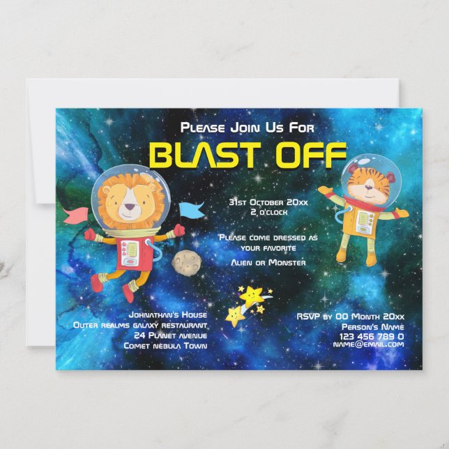 Invitación Cumpleaños espacial animales astronautas de cualqu (Anverso)