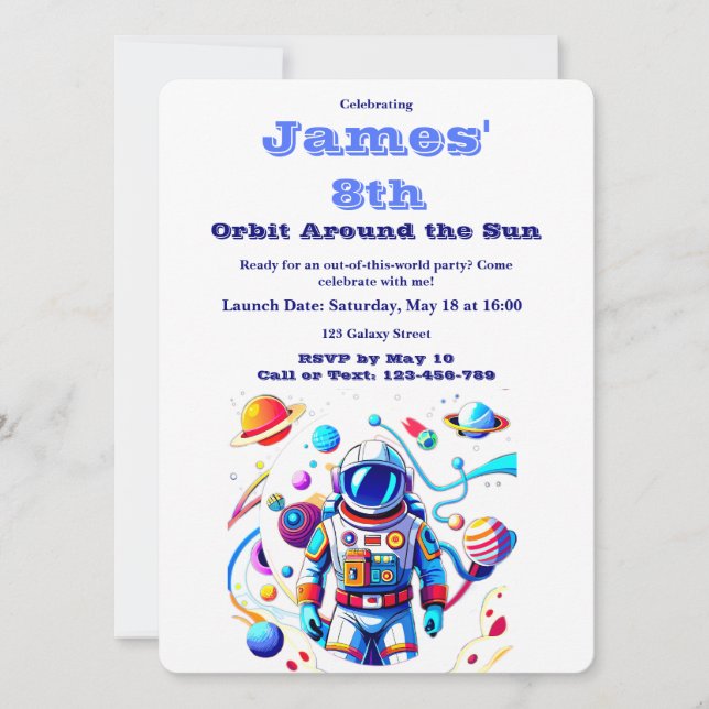Invitación Cumpleaños Espacial de 8 Años Astronauta Personali (Anverso)