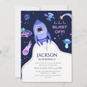 Invitación Cumpleaños Espacial de Cohetes Despegue de Cumplea