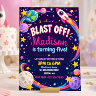 Invitación Cumpleaños espacial de niñas con cohete rosa