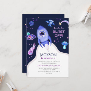 Invitación Cumpleaños espacial de niños explosión cohete 3er