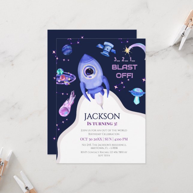 Invitación Cumpleaños espacial de niños explosión cohete 3er  (Anverso/Reverso In Situ)
