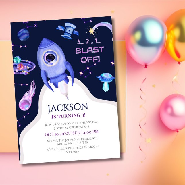 Invitación Cumpleaños espacial de niños explosión cohete 3er  (Subido por el creador)