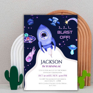 Invitación Cumpleaños espacial de niños explosión cohete 6 cu