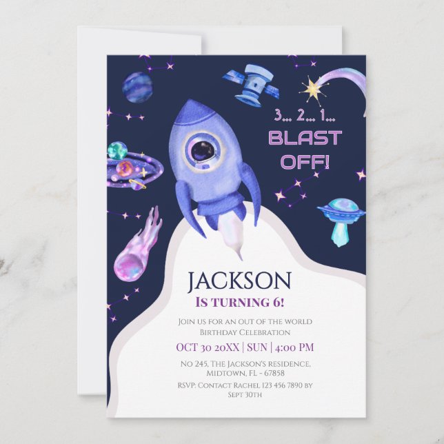 Invitación Cumpleaños espacial de niños explosión cohete 6 cu (Anverso)