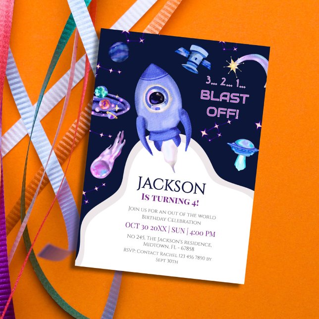 Invitación Cumpleaños espacial de niños Explosión de cohete d (Subido por el creador)
