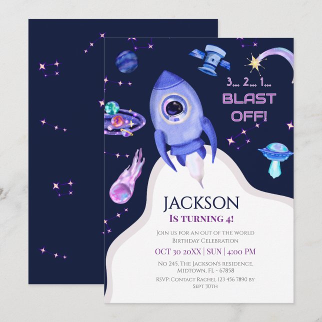 Invitación Cumpleaños espacial de niños Explosión de cohete d (Anverso / Reverso)