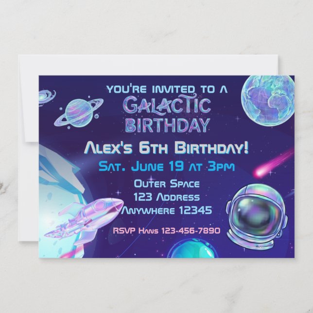 Invitación Cumpleaños Espacial Galáctico Holográfico (Anverso)