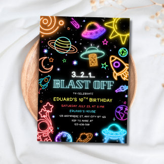Invitación Cumpleaños Espacial Neon Blast Off Espacio Exterio