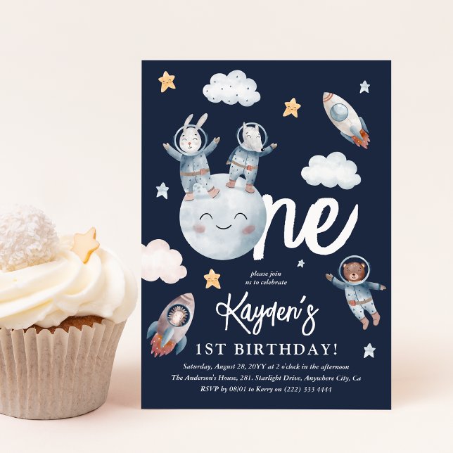Invitación Cumpleaños Espacio Animal del Bosque 1er (Cute Space Woodland Animals 1st Birthday Party Invitation)