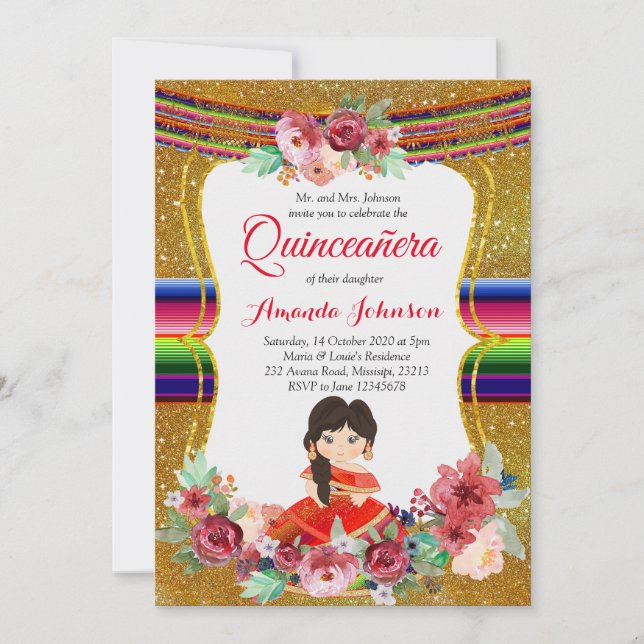 Invitación Cumpleaños Español de Quinceañera de Rojo y Dorado (Anverso)