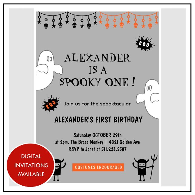 Invitación Cumpleaños espeluznante de Halloween 1 (Halloween-1st-birthday-Invitation-Spooktacular-Spooky-one-grey-1)