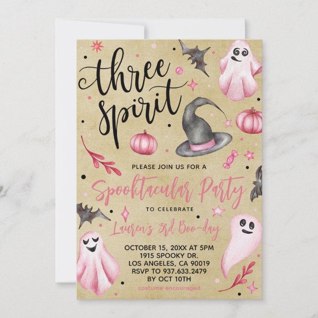 Invitación Cumpleaños espeluznante de Halloween de Three Spir (Anverso)