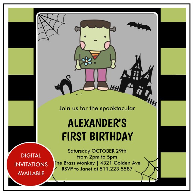Invitación Cumpleaños espeluznante número uno de Halloween, F (Halloween-1st-birthday-invitation-spooktacular-frankenstein-1)