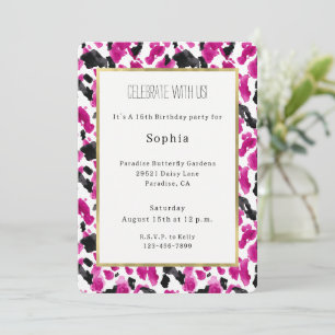 Invitación Cumpleaños Estampa de Vaca Rosa Negro Blanco Vaque
