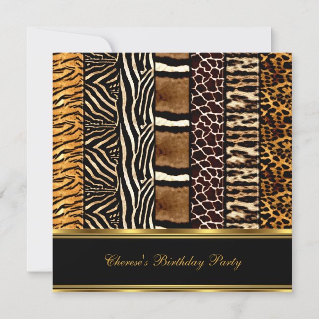 Invitación Cumpleaños Estampado de Animales Mezclados Dorado  (Anverso)