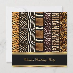 Invitación Cumpleaños Estampado de Animales Mezclados Dorado 