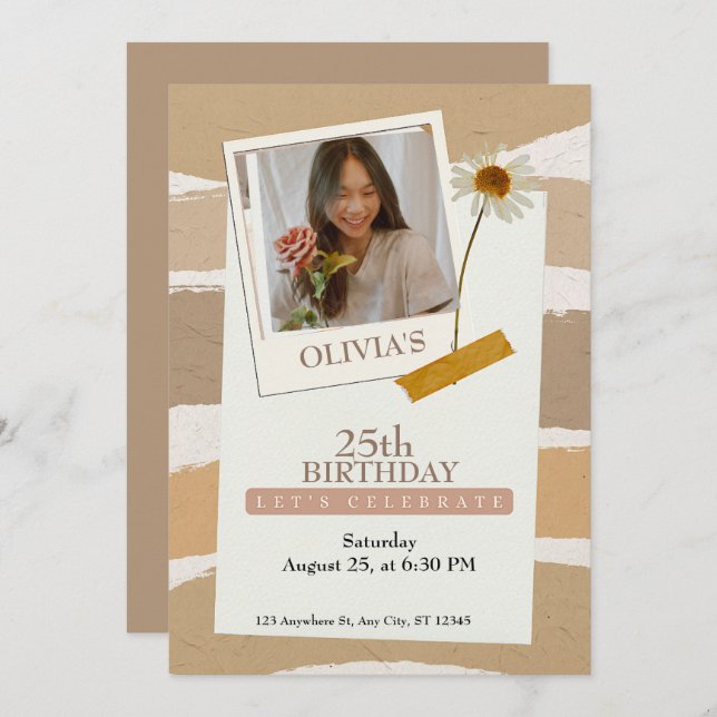 Invitación Cumpleaños estético de Pastel Brown (Anverso / Reverso)