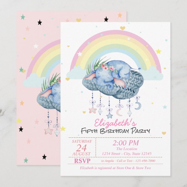 Invitación Cumpleaños Estrellas Arcoíris Elefantes Lindos (Anverso / Reverso)