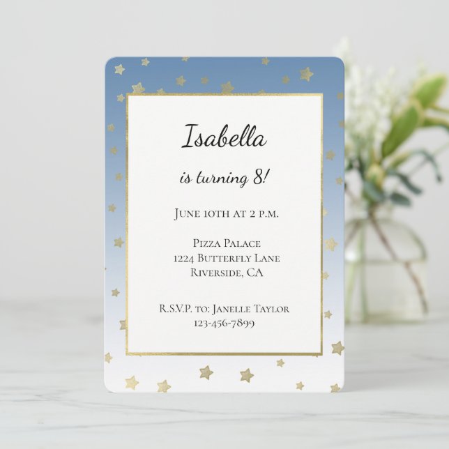 Invitación Cumpleaños Estrellas Doradas Blancas y Azules (Anverso de pie)