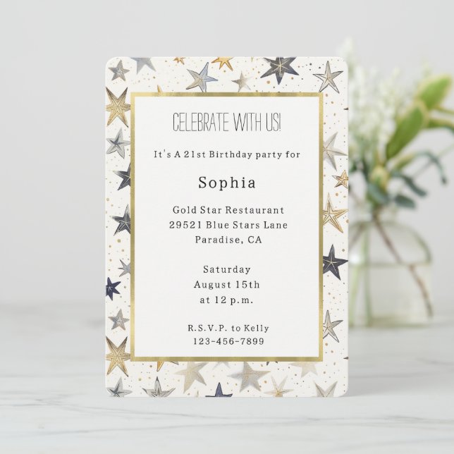 Invitación Cumpleaños Estrellas Doradas Plateadas Azules   (Anverso de pie)