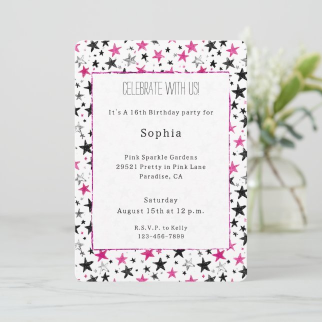 Invitación Cumpleaños Estrellas Negras Plateadas Rosadas (Anverso de pie)