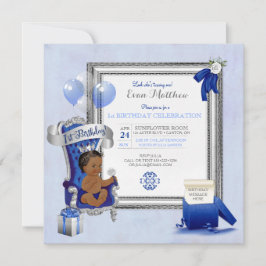 Invitación Cumpleaños étnico niño Royal Blue Silver Foto