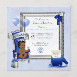 Invitación Cumpleaños étnico niño Royal Blue Silver Foto