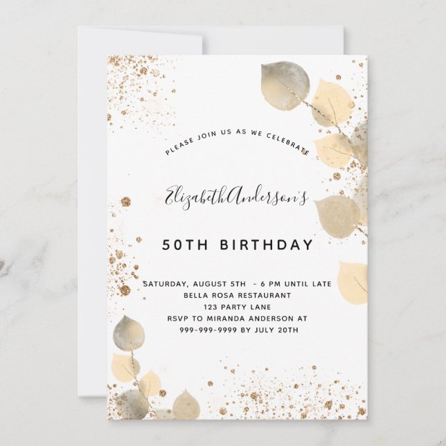 Invitación Cumpleaños eucalyptus foliage purpurina dorado (Anverso)