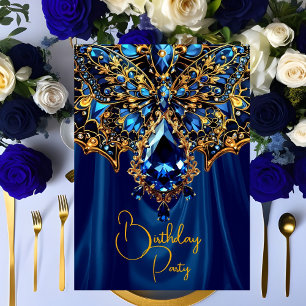 Invitación Cumpleaños Exótico Acero Azul Oro Mariposa Joya