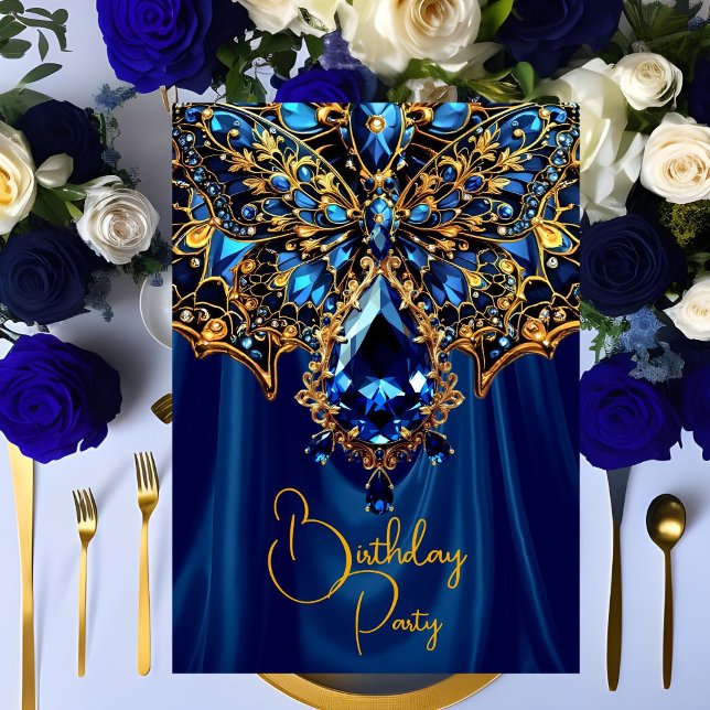 Invitación Cumpleaños Exótico Acero Azul Oro Mariposa Joya (Subido por el creador)