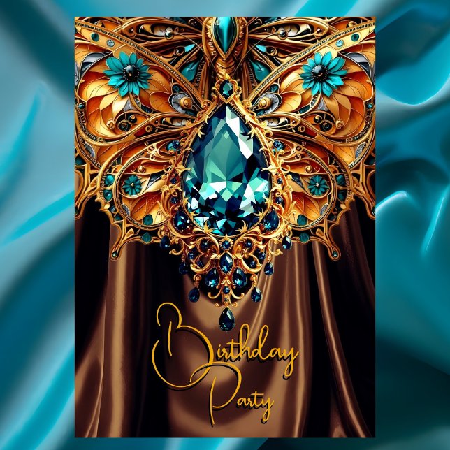 Invitación Cumpleaños Exótico Caramelo Azul Teal Oro Joya (Subido por el creador)