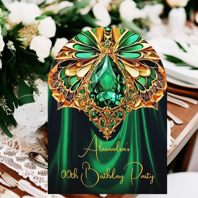 Invitación Cumpleaños Exótico Esmeralda verde Oro Joya Maripo (Subido por el creador)