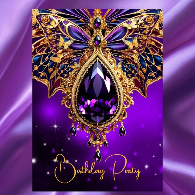 Invitación Cumpleaños exótico Mariposa de oro azul púrpura (Subido por el creador)