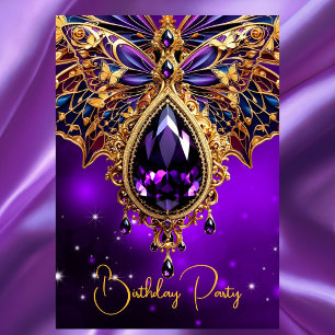 Invitación Cumpleaños Exótico Mariposa Joya Azul Púrpura Oro