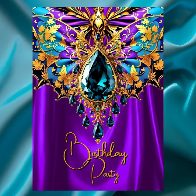 Invitación Cumpleaños Exótico Morado Turquesa Azul Dorado Joy (Subido por el creador)